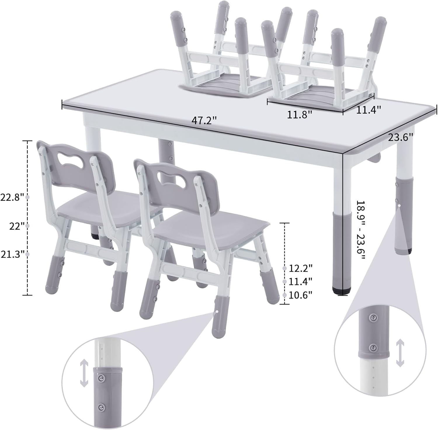 AINUO Toddler Table and Chairs Set for 4, 47.2''L x 23.6''W Kids Study Table and Chair Set, Height-Adjustable, Graffiti Desktop, Children Activity Table for Daycare, Classroom, Home