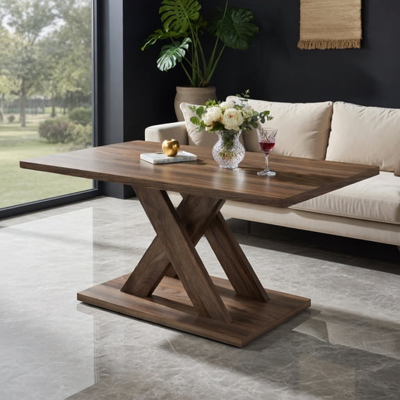 GVN 37.5 Inch Rectangular Coffee Table with Stable Base Design, Rubber Wood Connection for Lounge, Living Room, Family Room Center Table, Brown