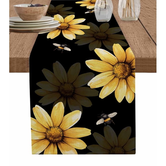Yellow Sunflower Table Runner 72 Inches, Summer Bee Black Abstract Botanical Bed Runner Dresser Scarves Tabletop for Indoor Outdoor Parties/Ceremony/Banquet, 14" x 72"