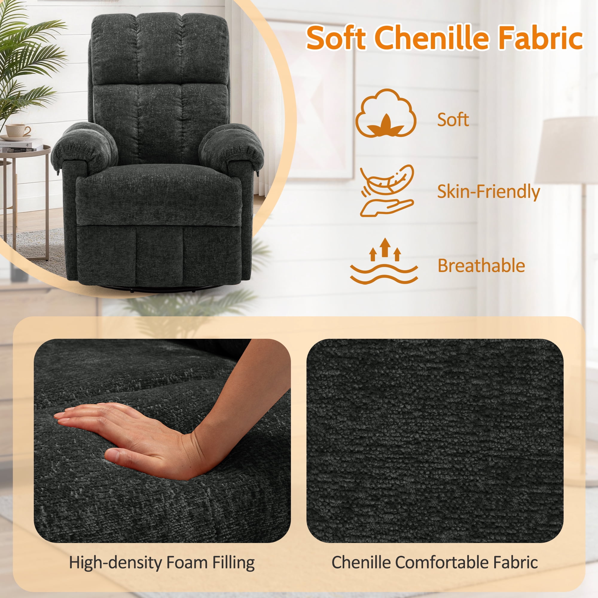 Korser Small Recliners for Small Spaces,Swivel Rocker Recliner Chair with Side Pockets for Living Room,Black