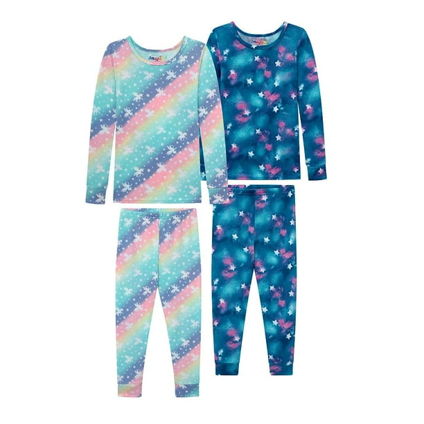 BTween 4Piece Girls Pajamas, Long Sleeve Tie Dyed Blue Unicorn Girls
