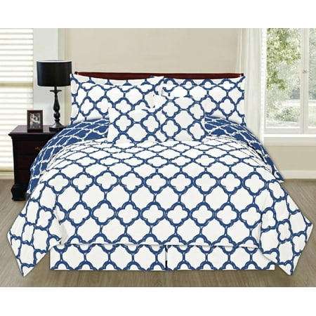 6 Piece Royal Blue White Queen Comforter Set Reversible Bed In A