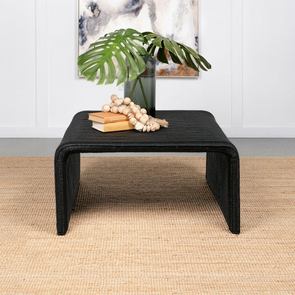 Rattan Coffee Table Square Black Living Room Table - 36 Inch Modern Accent Table
