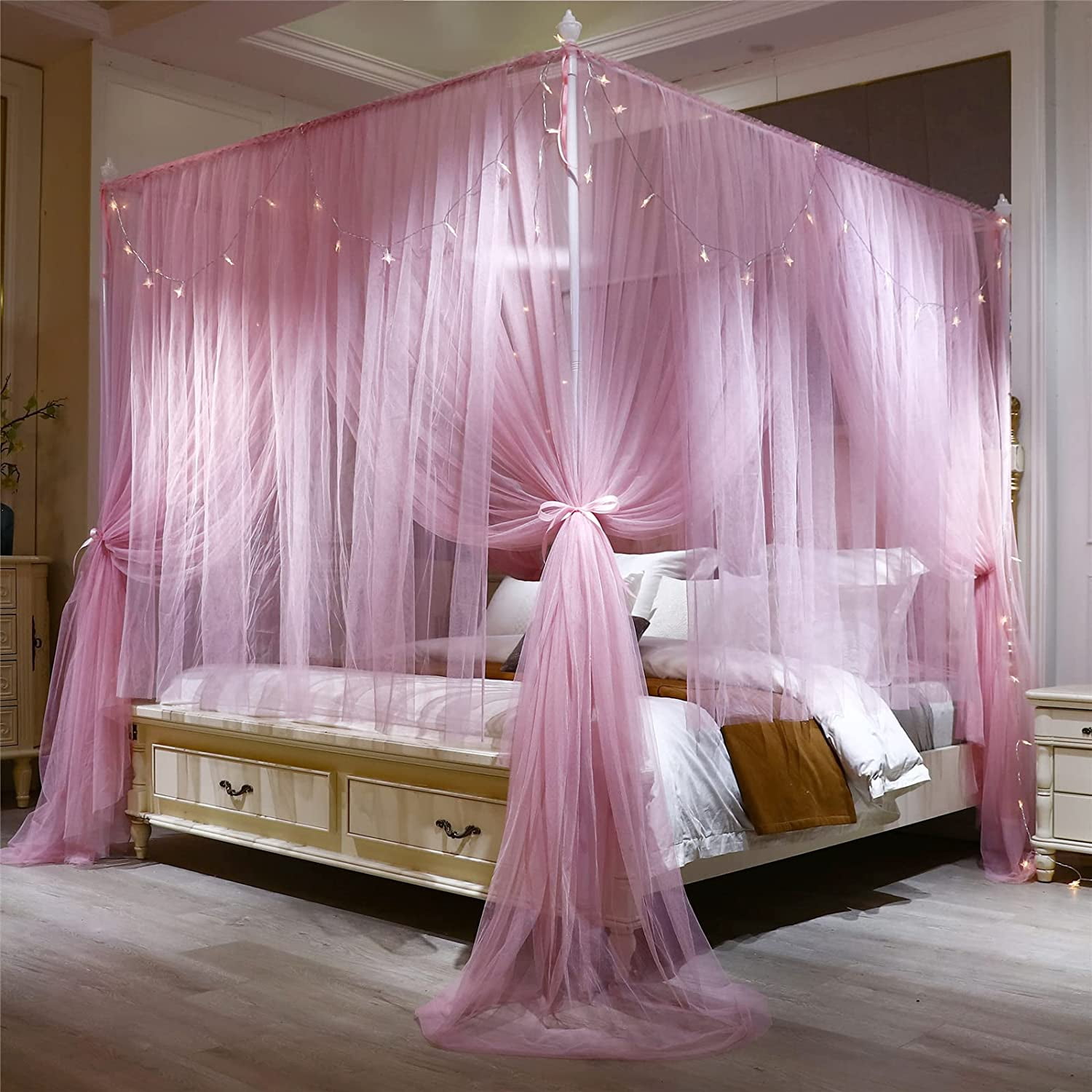 4 Corners Post Princess Bed Canopy Curtain Double Layer Cozy Drape Netting 4 Opening Mosquito Net for Girls & Adults Bedroom Decoration Accessories (Double Pink, 53" W*78" L*82"*H/(Full))