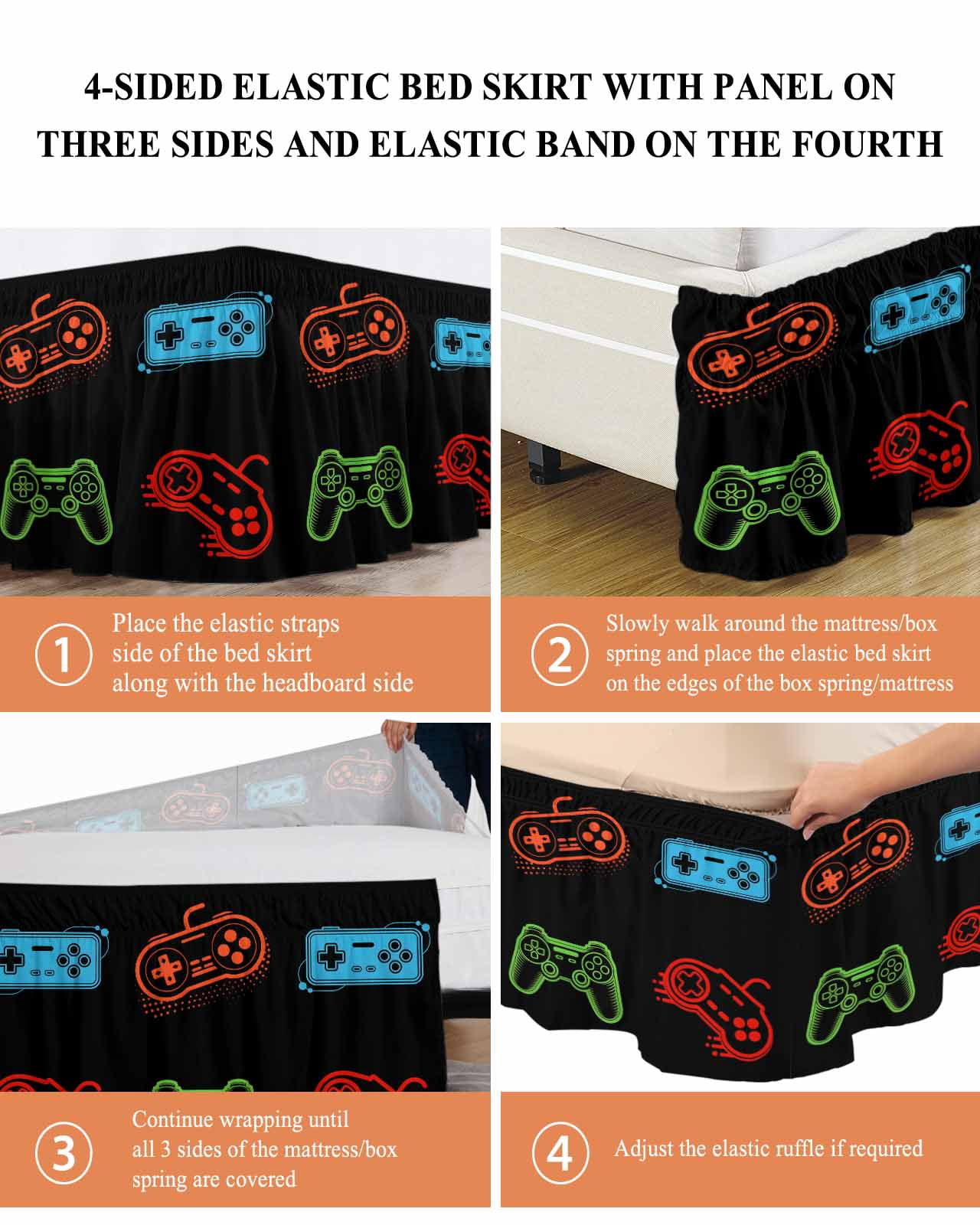 Game Controller Bed Skirt Queen Size, Modern Art Gaming Handheld Black Wrap Around Bed Skirting with Adjustable Elastic Strap, Dust Ruffle Pleated Bedskirts 16 Inch Drop for Bedroom Queen Beds