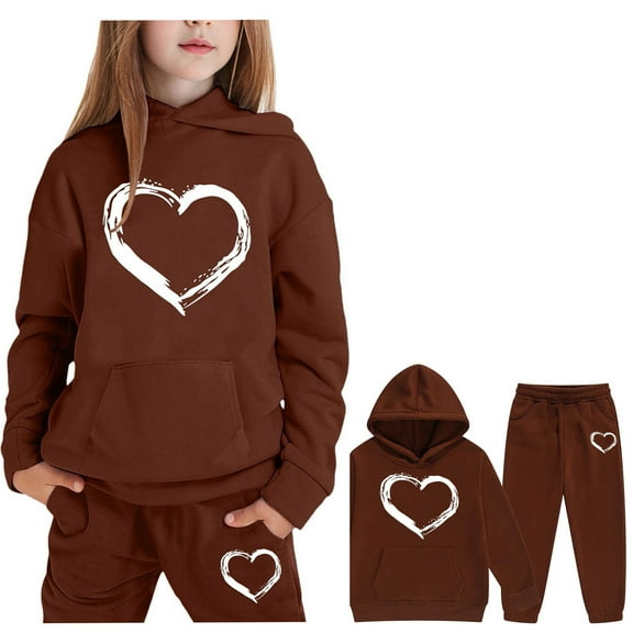 LIUYUNNN Toddler Girls Boys Sweatsuit Set 2 Piece Long Sleeve Brown Heart Sweatshirt and Pants Warm Fall Winter Clothes Little Girls Clothes 2-3 Years Boys Girls Autumn and Winter Outfits