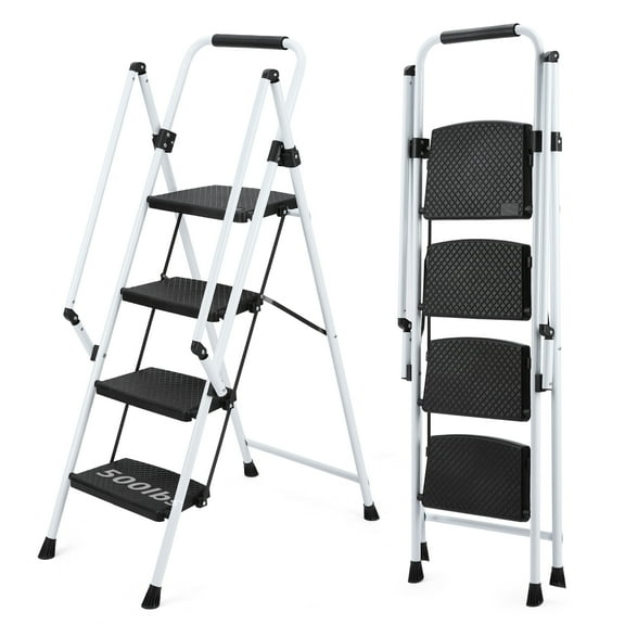 4 Step Ladder, 500lbs Capacity Heavy Duty Folding Step Stool with Automatic Locking Armrests, Wide 5" Anti-Slip Pedals, Sturdy Steel Frame, White Multi-Purpose Ladder for Home & Office