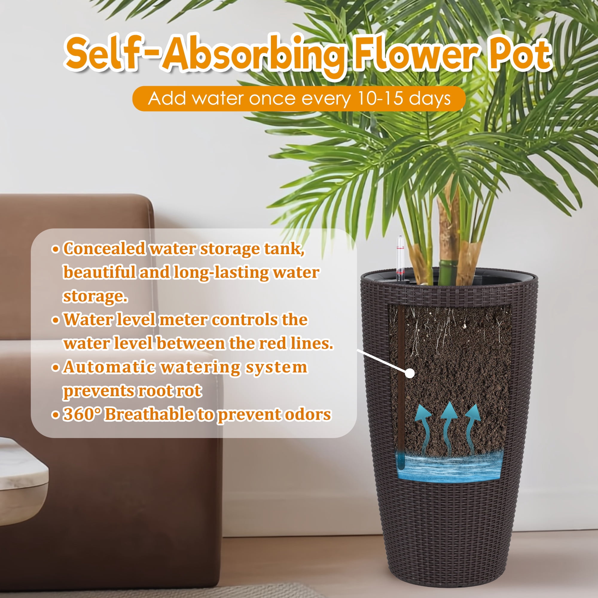 Rattan Planter, 2 Pack Large Plant Pot for Garden Balcony Patio Indoor Outdoor Plant Use, Brown