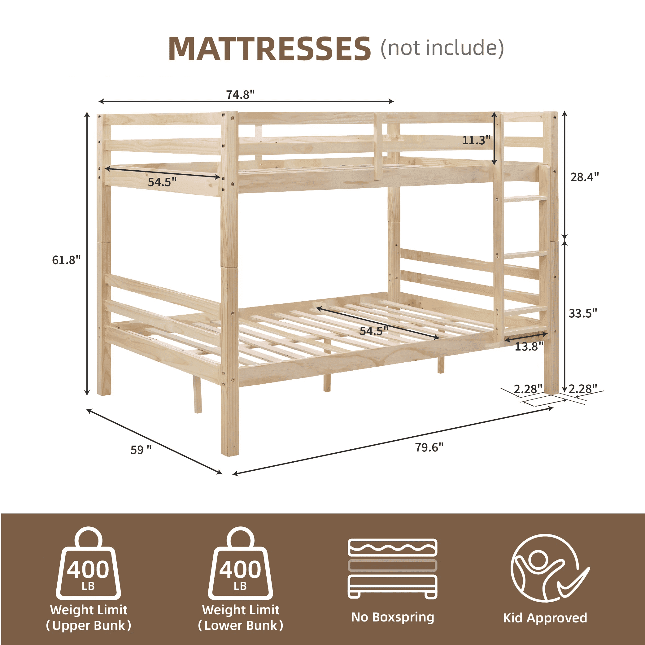 MAYEERTY Full over Full Bunk Bed with Thick Posts, Solid Wood Bed Frame with High Guardrail and Ladder, for Kids Teens Dorm Rooms, No Box Spring Needed