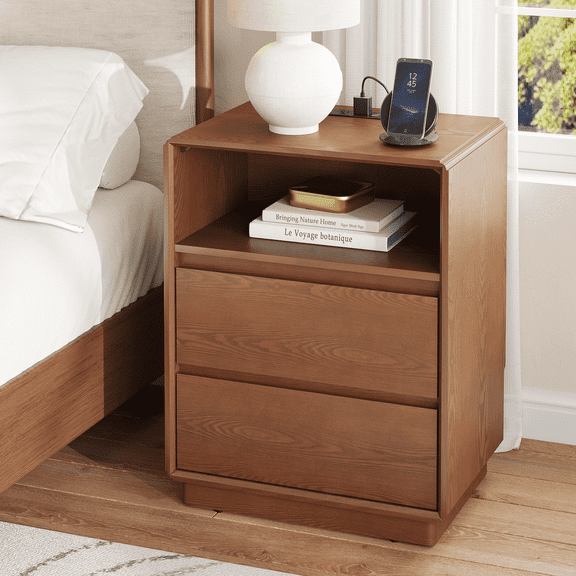 Solid Wood Nightstand with Charging Station and 2 Drawers for Bedroom, Mid Century Bedside Table, Wooden Night Stand Sofa Table for Living Room, Brown