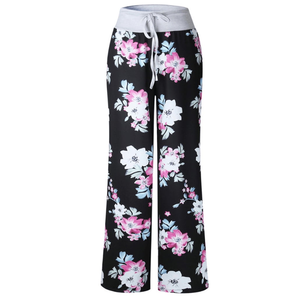 Jesaisque Womens Comfy Casual Stretch Floral Print Drawstring Wide Leg Lounge Pants Spring