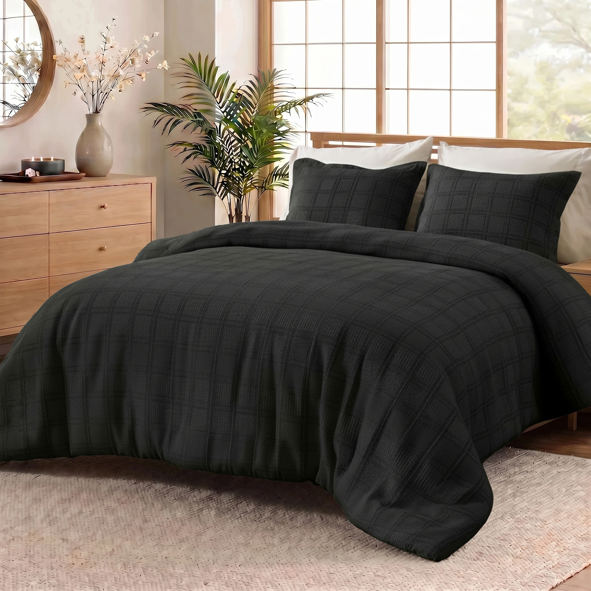 Regency Heights Waffle Weave Comforter Set, Full/Queen Size Textured Comforter Bed Set, 3-Piece Lightweight Bedding Set with Pillow Shams for All Season, Black