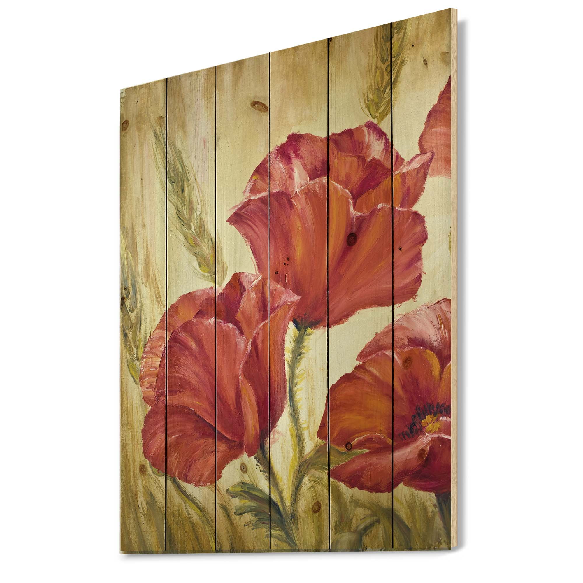 Designart 'Blossoming Red Poppies In Wheat Fields II' Traditional Print on Natural Pine Wood