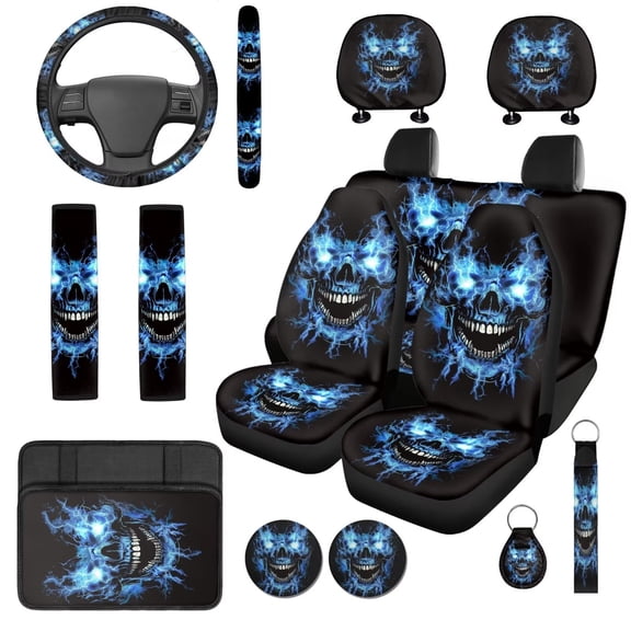 KUIFORTI Lightning Skull Car Seat Cover Set Easy to Install Set 14 Pcs Full Set Car Accessories with Lanyard Keychain Holder Easy to Install Wear-Resistant Fit Car SUV Auto