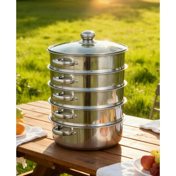 5-Tier Food Steamer for Cooking, 10.2 Inch  Vegetable Steam Cooker with Glass Lid, Induction Ready, 304 Stainless Steel Steamer Pot & Pan Set