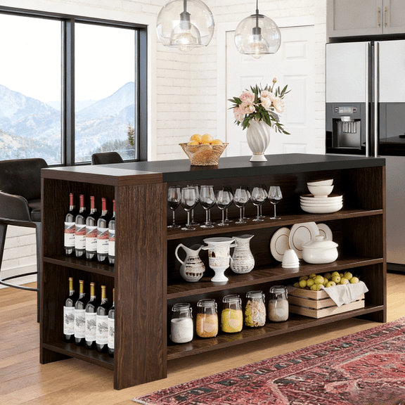 Finmind 5-Tier Kitchen Island, 55-Inch Stationary Island Table with Storage, Farmhouse Wood Coffee Bar Table with 5 Shelves for Kitchen, Dark Brown