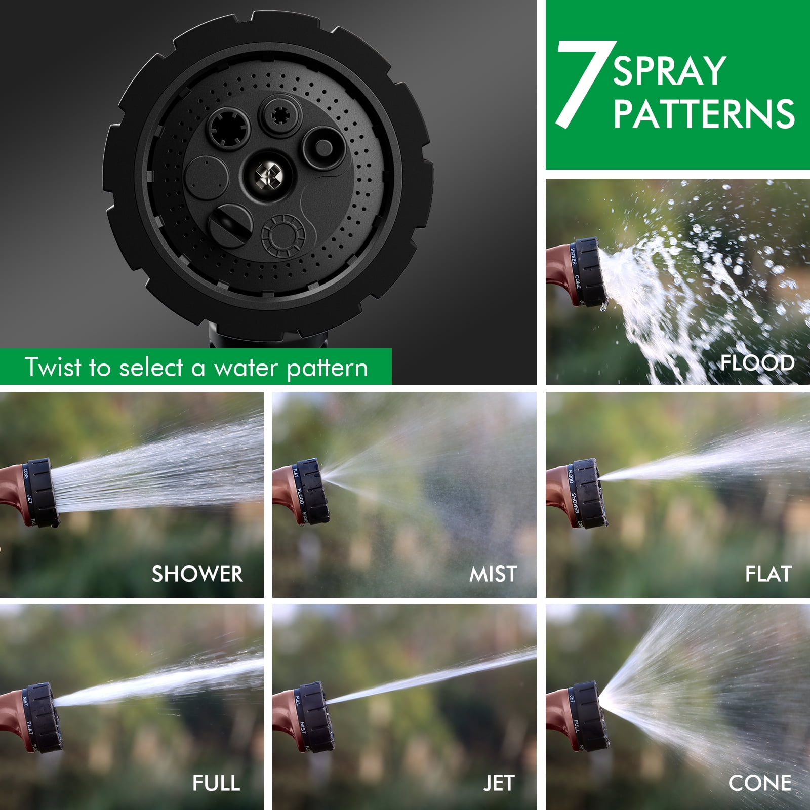 Restmo Ergonomic Zinc-alloy Garden Hose Nozzle, 7 Watering Patterns, Thumb Control, High Pressure Sprayer