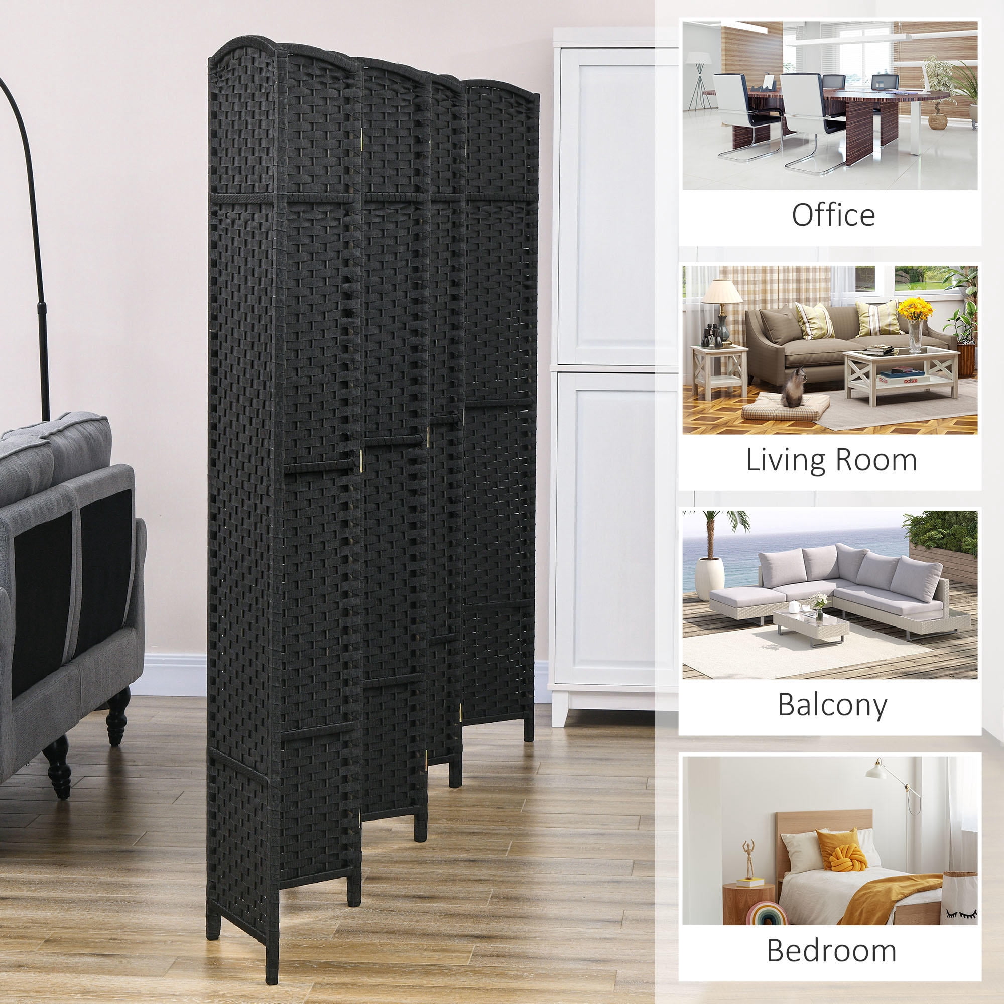 8 Panel Folding Room Divider 66.9" (5.6') Tall - Hand-Woven Privacy Screen Freestanding Wood Partition for Home Office Bedroom, Black