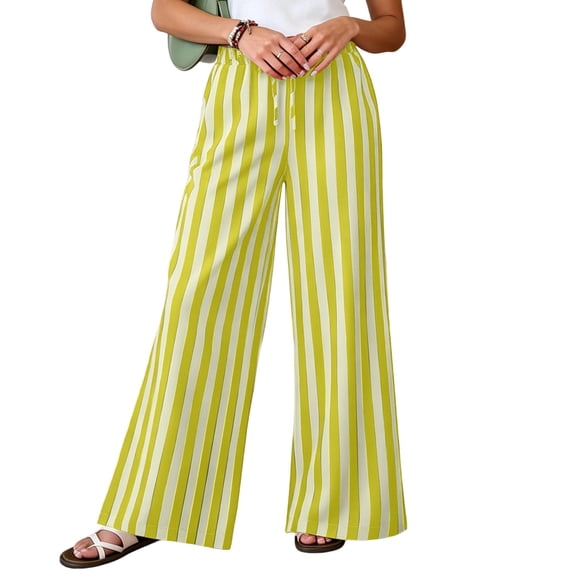 Lmnyox Pants for Women Trendy Wide Leg High Waist Striped Lounge Trousers Casual Loose Summer Beach Pants