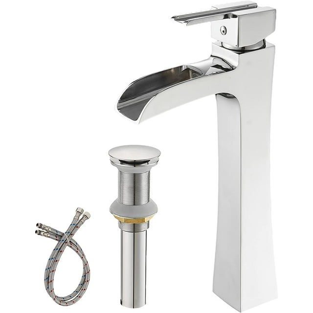 BWE Vessel Sink Faucet Chrome with Drain Assembly Without Overflow and Supply Line Lead-Free Modern Single Handle One Hole Waterfall Bathroom Faucet Lavatory Mixer Tap Tall Body