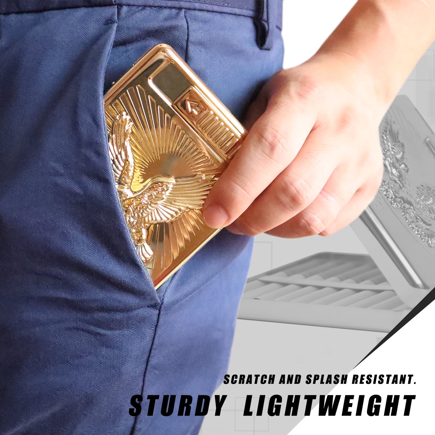 20 PCS Set Metal Cigarette Case Holder Arc Lighter with 3D Eagle Design Rechargeable Electric Arc Lighter Case Windproof Flameless USB Cigarette Case Lighter (Gold)