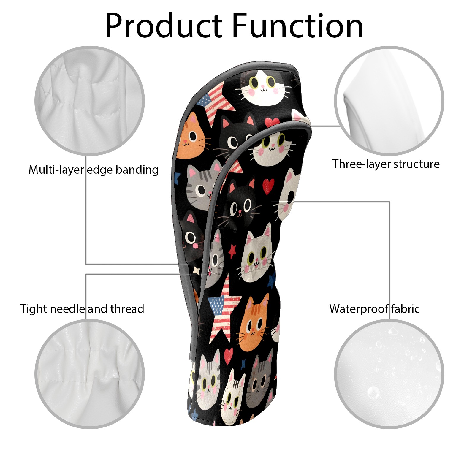 Golf Club Covers, Black Cartoon Cat Premium PU Leather Driver Hybrid Putter Head Covers with Velvet Lining, Waterproof Golf Gifts for Men Women