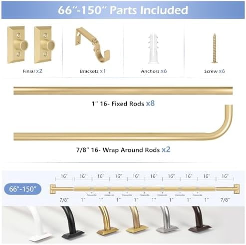 Gold Wrap Around Curtain Rods 72 to 144":Blackout Heavy Duty Adjustable Long Window Curtain Rod Room Darkening,Modern Industrial Curved French Return Metal Drapery Rods Easy Install,Brass Gold