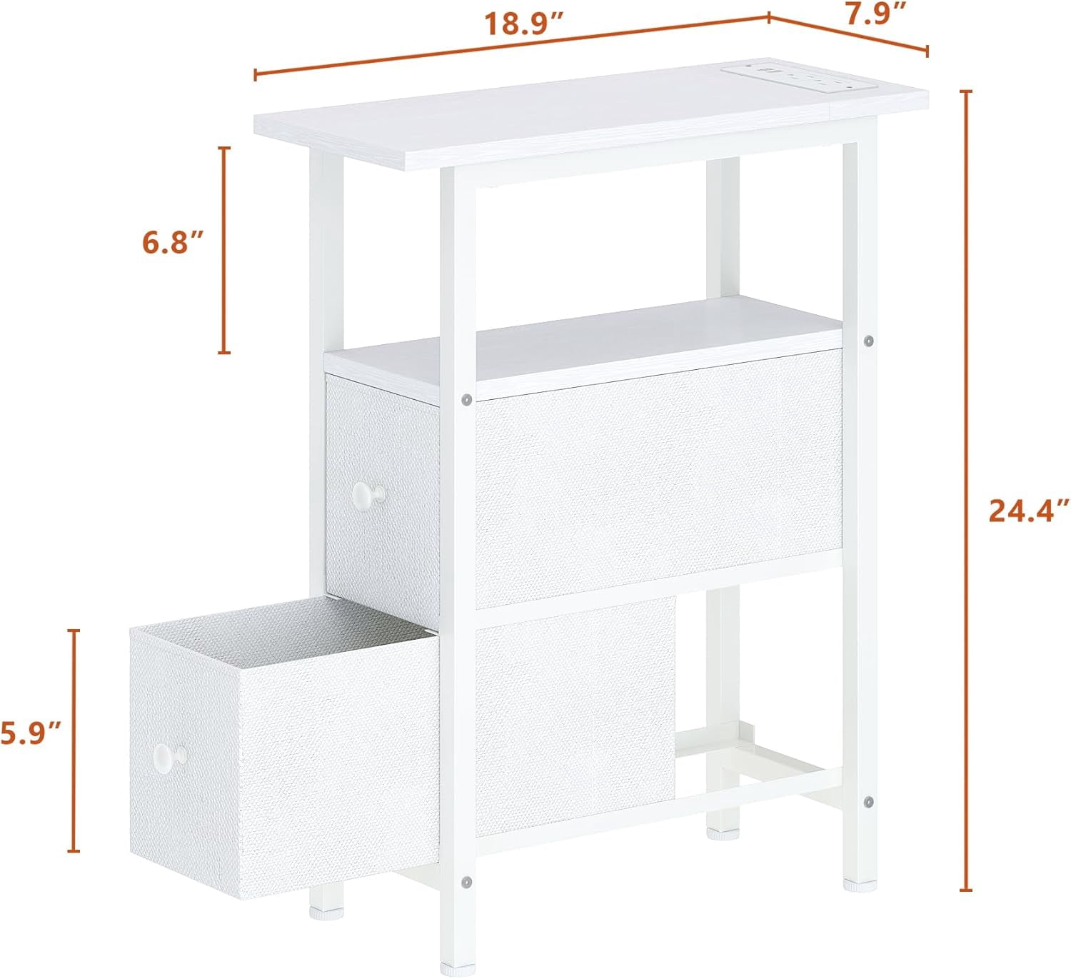 End Table Set 2 with Charging Station, Narrow Side Table with 2 Fabric Drawers, Skinny Nightstand with LED Light, Slim Bedside Table for Bedroom, Living Room, Small Spaces, White