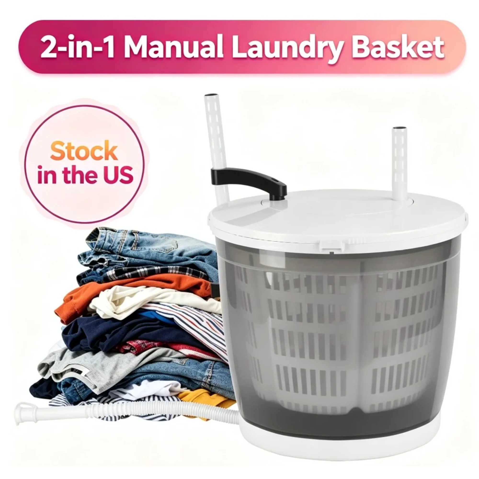 Fompes 2-in-1 Mini Manual Washing Machine,Portable Manual Laundry Basket,Hand-Crank Washer & Spin Dryer No Electricity Needed, Suction Cup Base, 2kg Capacity,Light Grey