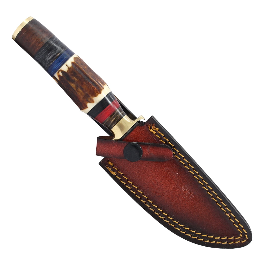 TheBoneEdge 9.25" Artificial Stage Handle Brass Bolster Damascus Blade Hunting Knife With Sheath