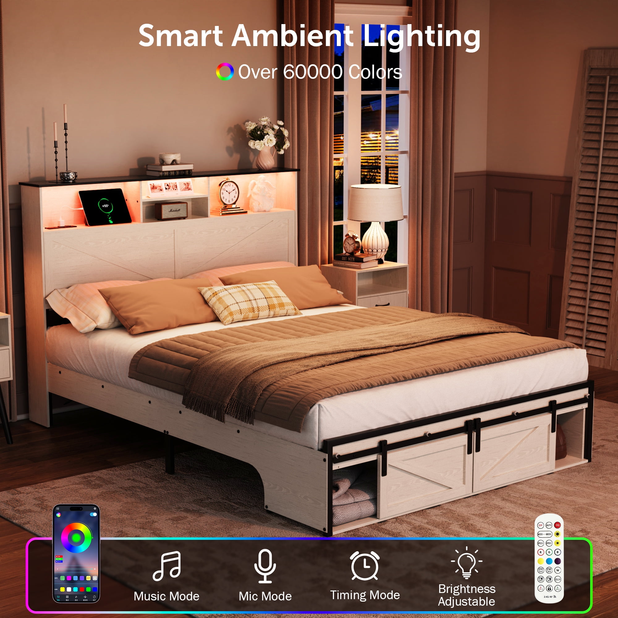 Miniyam Farmhouse Queen Size Bed with LED Headboard, Bookcase Storage, USB & Type-C Charging Station, Sliding Barn Door Footboard for Adult, White