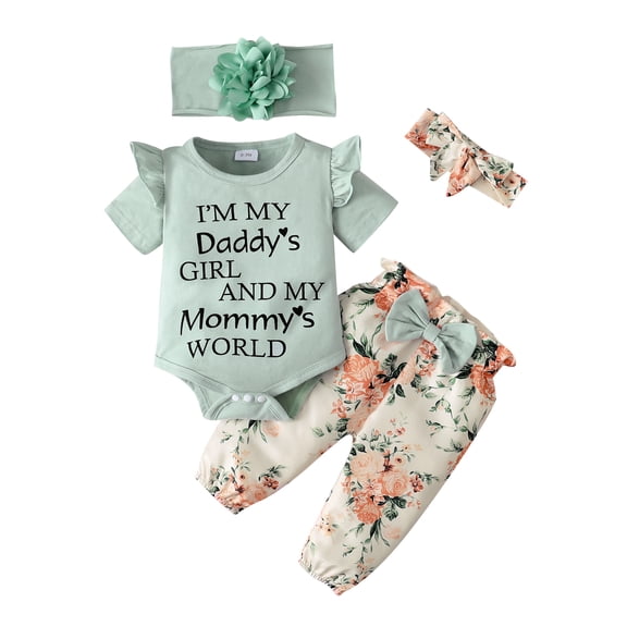 Kucnuzki Newborn Baby Girls Summer Clothes 0-3 Months Outfits Sets Ruffle Short Sleeves Romper Top Letter Print Top Bowknot Floral Pants Set with 2pcs Headbands 4pcs Green