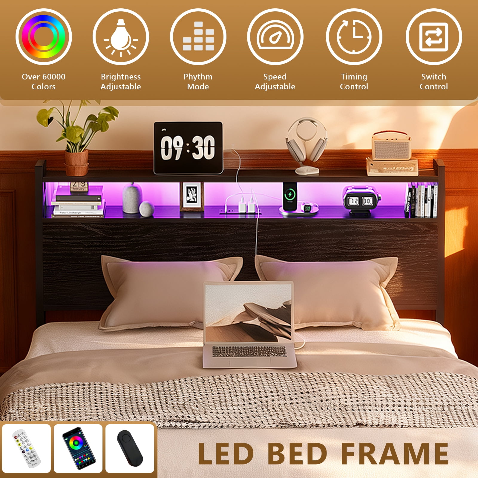 Ktaxon King Size Bed Frame with Charging Station & LED Storage Headboard, Metal Platform Bed Frame with 4 Underbed Drawers for bedroom, Black