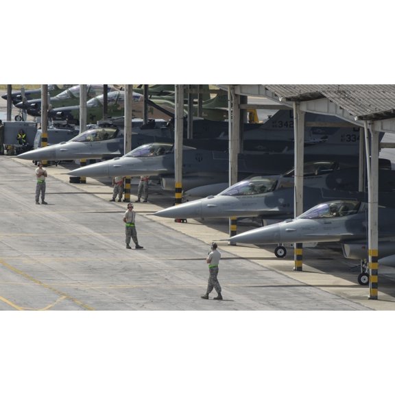 US Air Force F-16 Fighting Falcons parked at Natal Air Force Base Brazil Canvas Art - Giovanni CollaStocktrek Images (37 x 22)