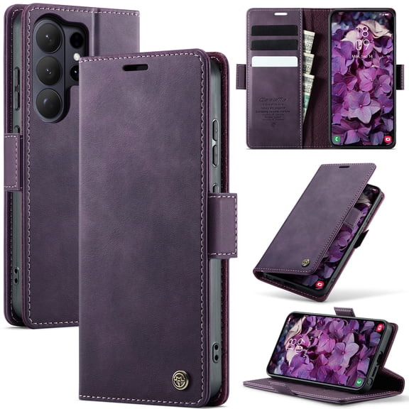 Poweltek Magnetic Wallet Case for Samsung Galaxy S26 Ultra, Shockproof with RFID Blocking Card Holder PU Leather Flip Cover with Stand, Purple
