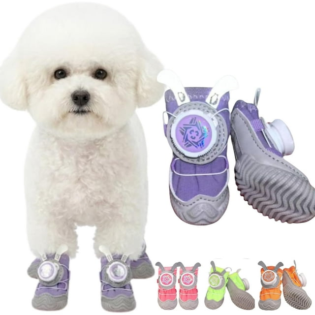Bottes pour Chien Imperméables Antidérapantes Lot de 4 - Boucle à Verrouillage par Rotation & Oreilles Mignonnes pour Petites Races avec Semelle Robuste, Plancher en Bois, Chaussons d'Extérieur pour Randonnée sur Neige (Violet, Trois Verges 4.5-6.5kg)