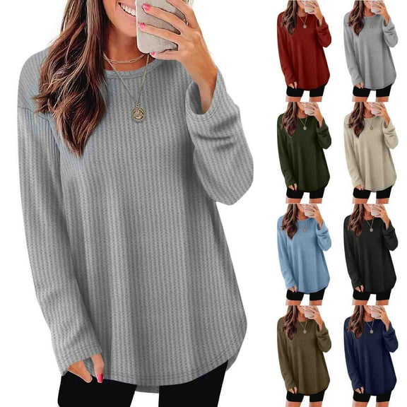 Women Fall Clothes Fashion Solid Blouses Long Sleeve Round Neck Casual Fall Trendy Knit Top Clothing Casual Spring Fashion Tops Loose Fit Lightweight Girls Outfits Clothes