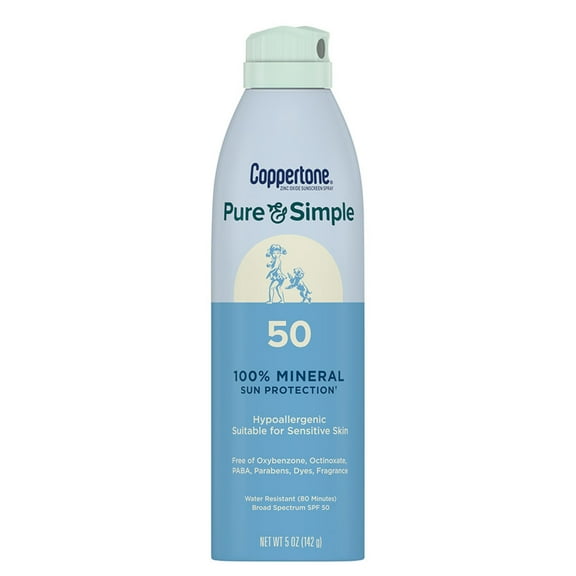 Coppertone Pure and Simple Mineral Sunscreen Spray SPF 50 with Zinc Oxide, Hypoallergenic, 5 oz