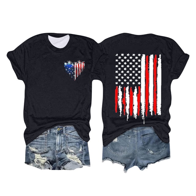 WILLBEST Chemises pour Femmes Mode Féminine Jour de l'Indépendance Drapeau Col Rond Double Lettre Imprimé Manches Courtes T-Shirt 1