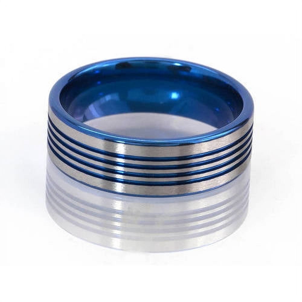 7mm Flat Titanium Ring with 4 Grooves Anodized in Blue