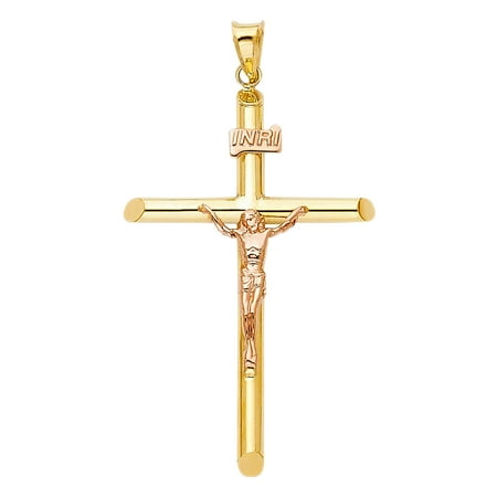 Jesus Cross Crucifix 14k Two Tone Yellow Rose Gold Religious Pendant Necklace for Men Women 48mm Long