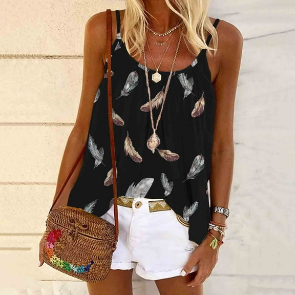 Spring Tops for Women Tank Tops for Women under $5 Womens Sleeveless Tops Plus Size Fashion Women's Summer Round-Neck Sleeveless Print Casual CamisTop Blouse