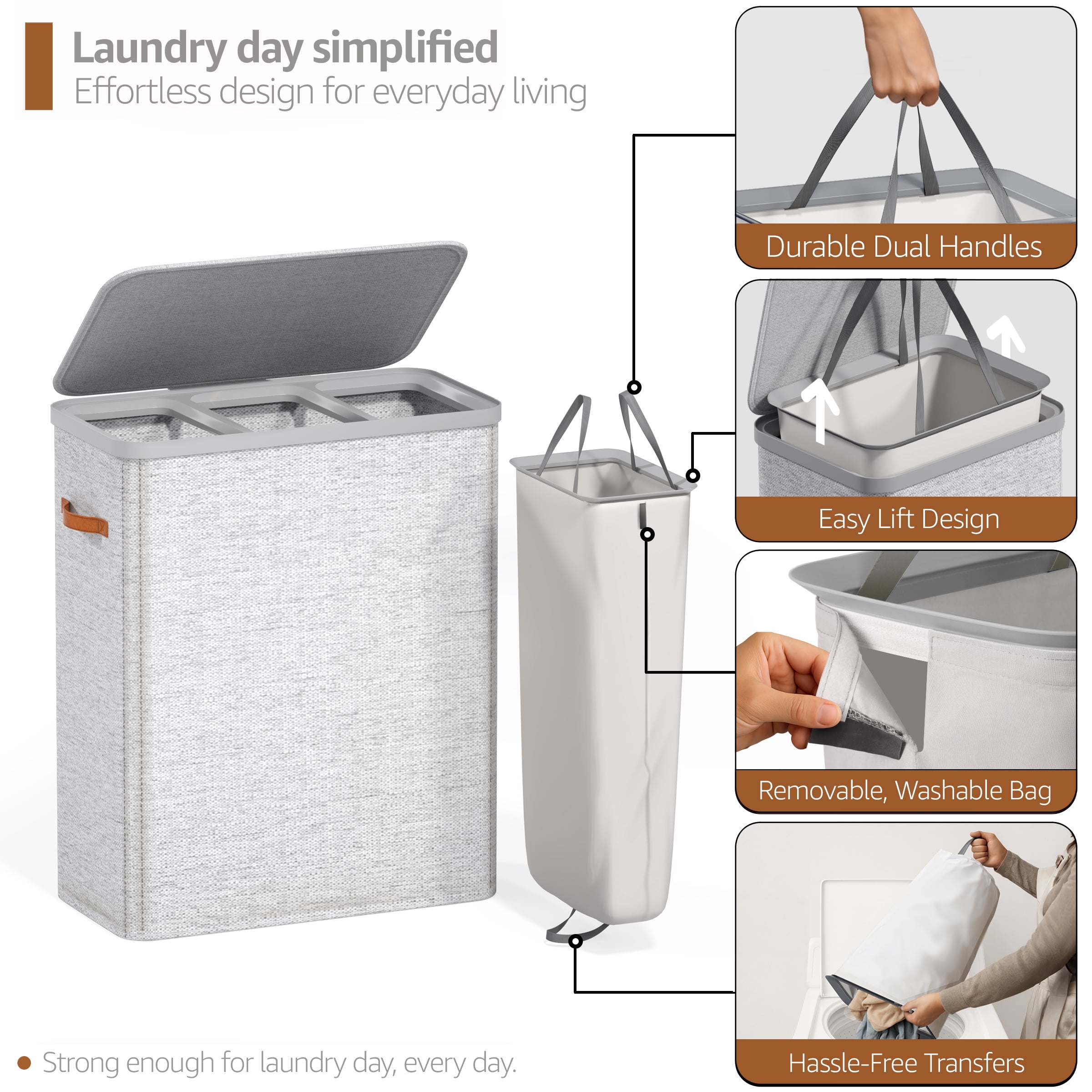 Sorbus Collapsible Fabric Laundry Hamper with Removable Bag, 3 Compartment, Gray