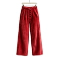 thumbnail image 4 of Karymi Linen&nbsp;Pants&nbsp;Women Solid Plush Fuzzy Wide Leg Pants, Elastic Waist Decorative Button Front Warm Fluffy Long Trousers, 4 of 5