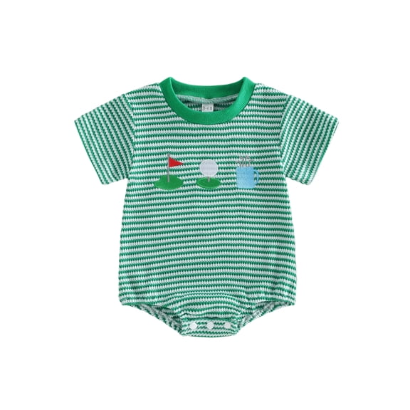 BemeyourBBs Newborn Baby Boy Golf Outfit Infant Baby Boys Summer Clothes Waffled Bubble Romper Golf Themed Embroidery Striped Short Sleeve Bodysuit One Piece Jumpsuit