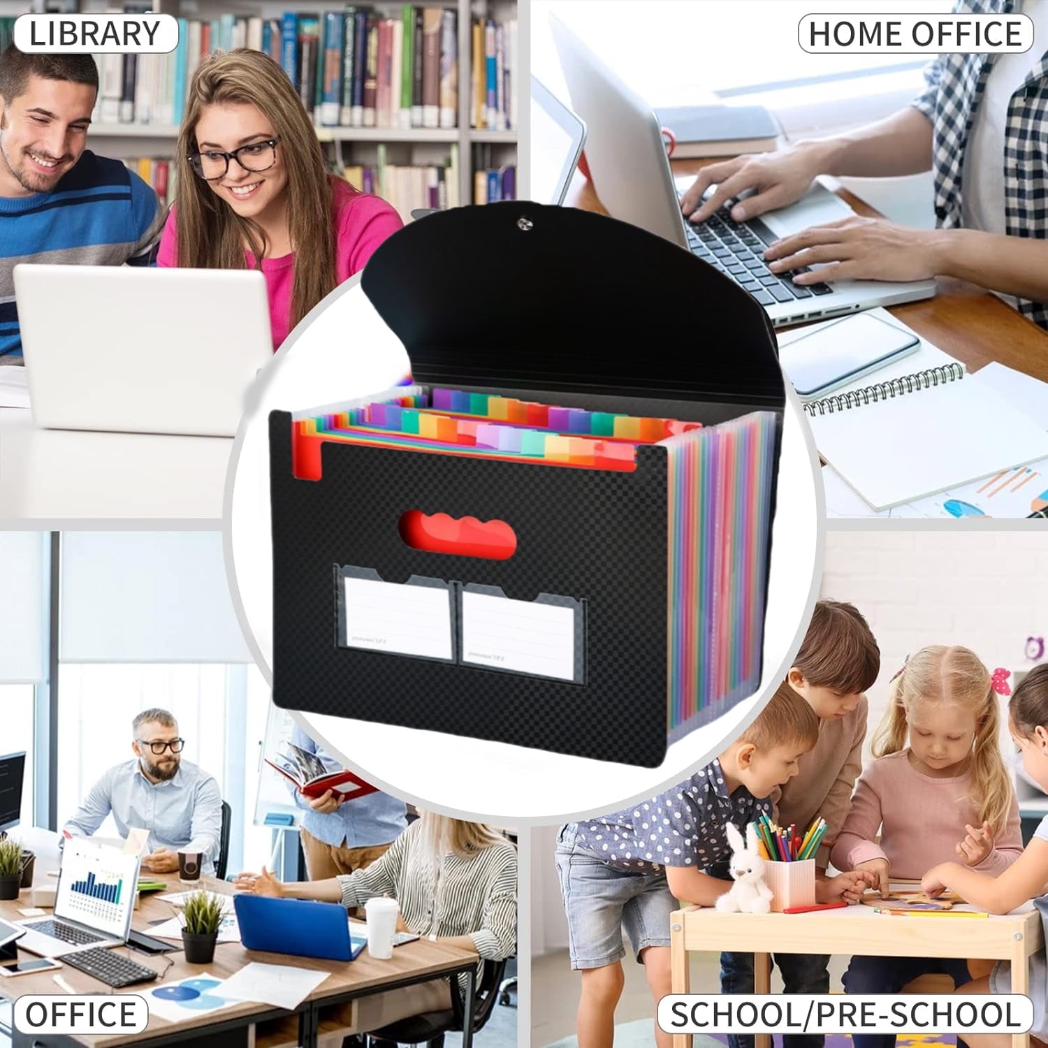 UU&T Expanding File Folder, 25 Pockets Plastic Accordion Organizer, with Tab for Office Home or Business, A4 Letter Size, Black, 2 Pack