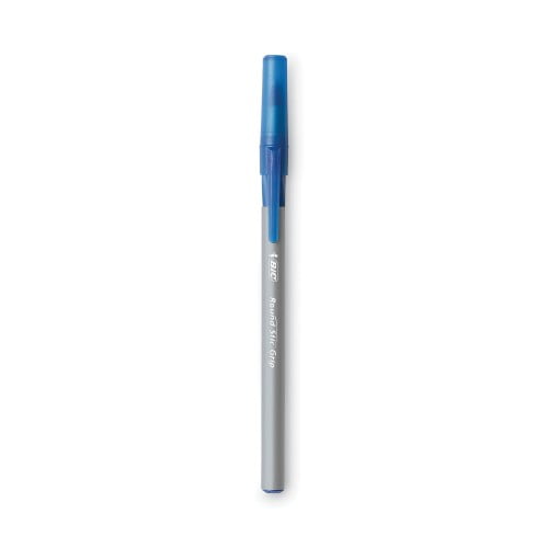 New BIC Round Stic Grip Xtra Comfort Stick Ballpoint Pen, 0.8mm, Blue Ink, Gray Barrel, Dozen,Each