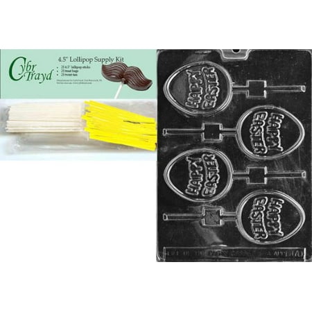 Lollipop Lollipop Mold Cybrtrayd 'Happy Easter Egg Pop' Easter Chocolate Candy Mold with Lollipop Supply Bundle, Includes 25 Lollipop Sticks, 25 Cello Bags, 25 Yellow Twist Ties and Instructions ()