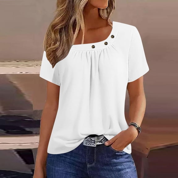 tarylea Womens Tops Short Sleeve Square Neck Button Ruched T-Shirts Casual Summer Comfy Plain Color Tee Tops