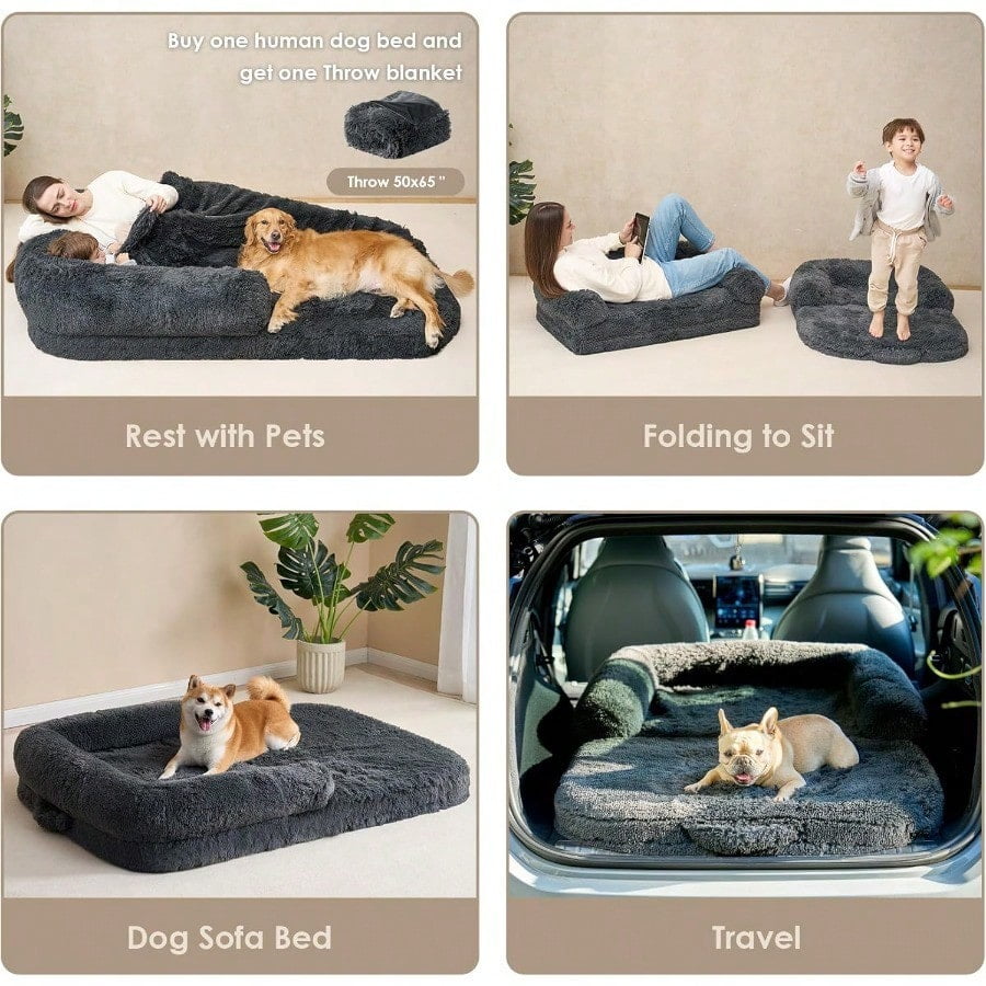 Human Dog Bed For Foldable XXL Dog Bed Faux Fur Fluffy Pet Couch Bed Orthopedic Calming Memory Foam Big Pet Bed Washable Pet Sofa Bed With NonSlip Bottom Dark Grey 54x38x7.5